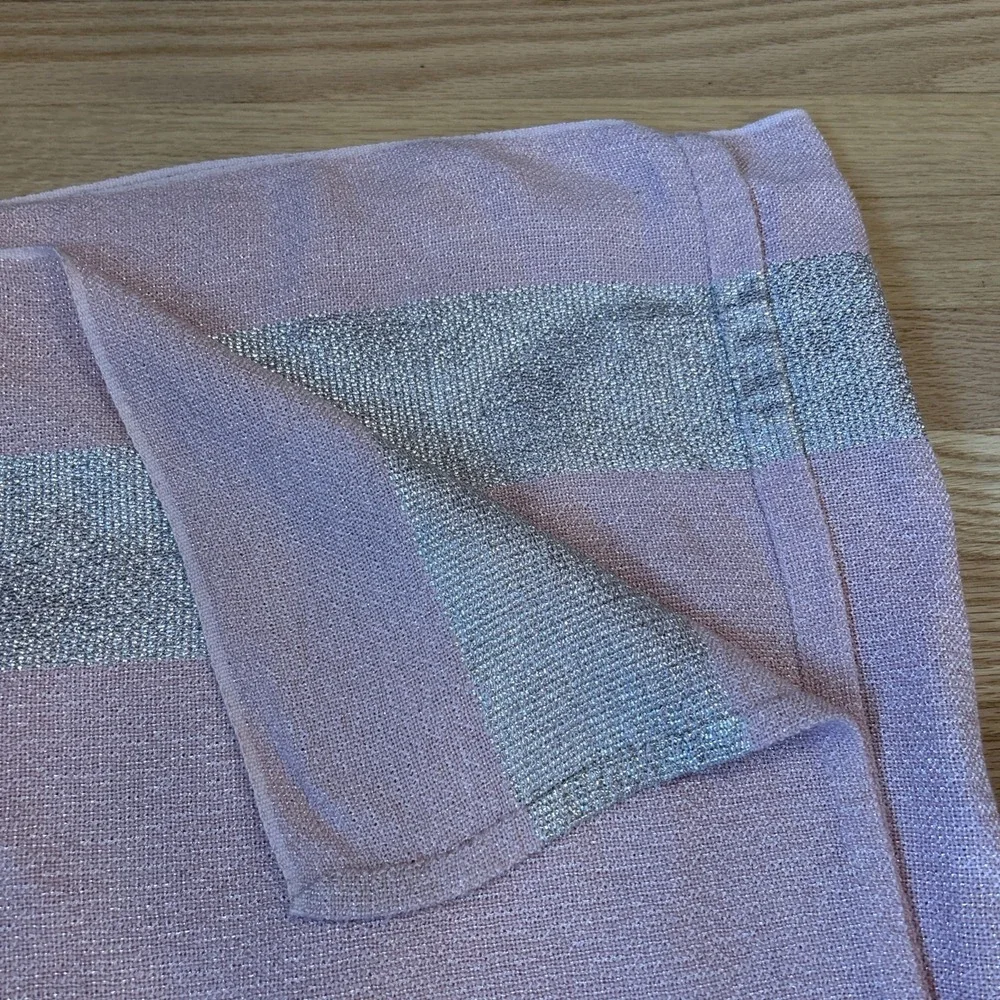 Vintage MCM Pink Woven Tablecloth 11 Napkins Set Metallic Silver Stripe 93x64